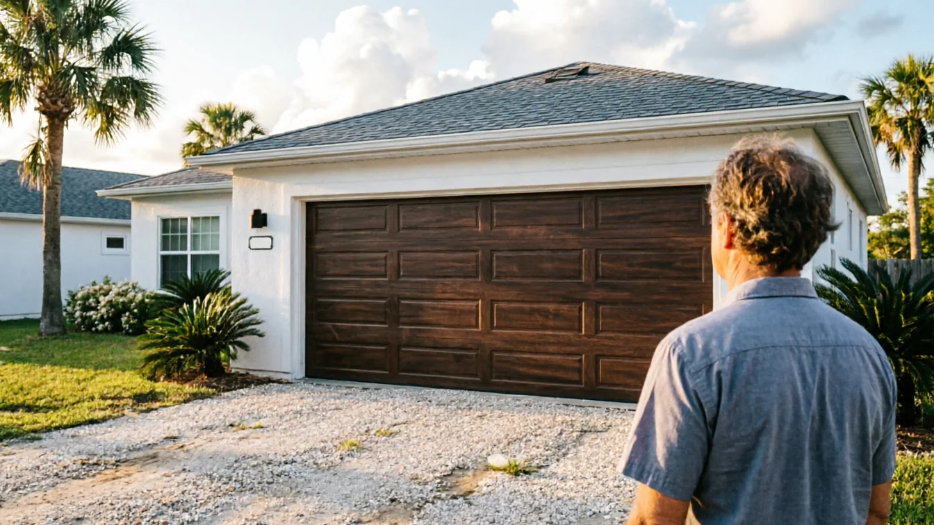 A man stands facing a house with a brown paneled garage door and palm trees.