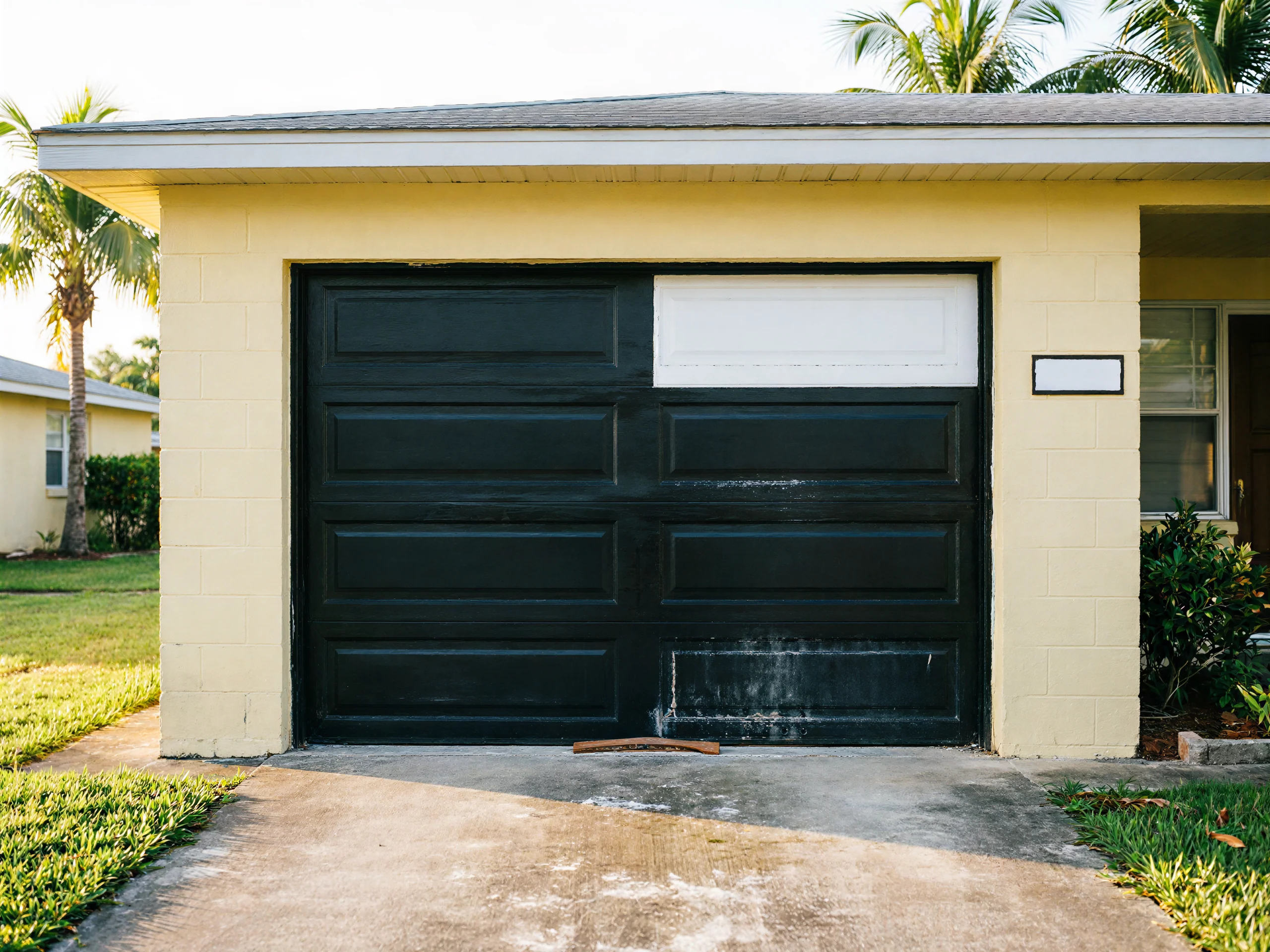 A dark green garage door is missing a top panel.