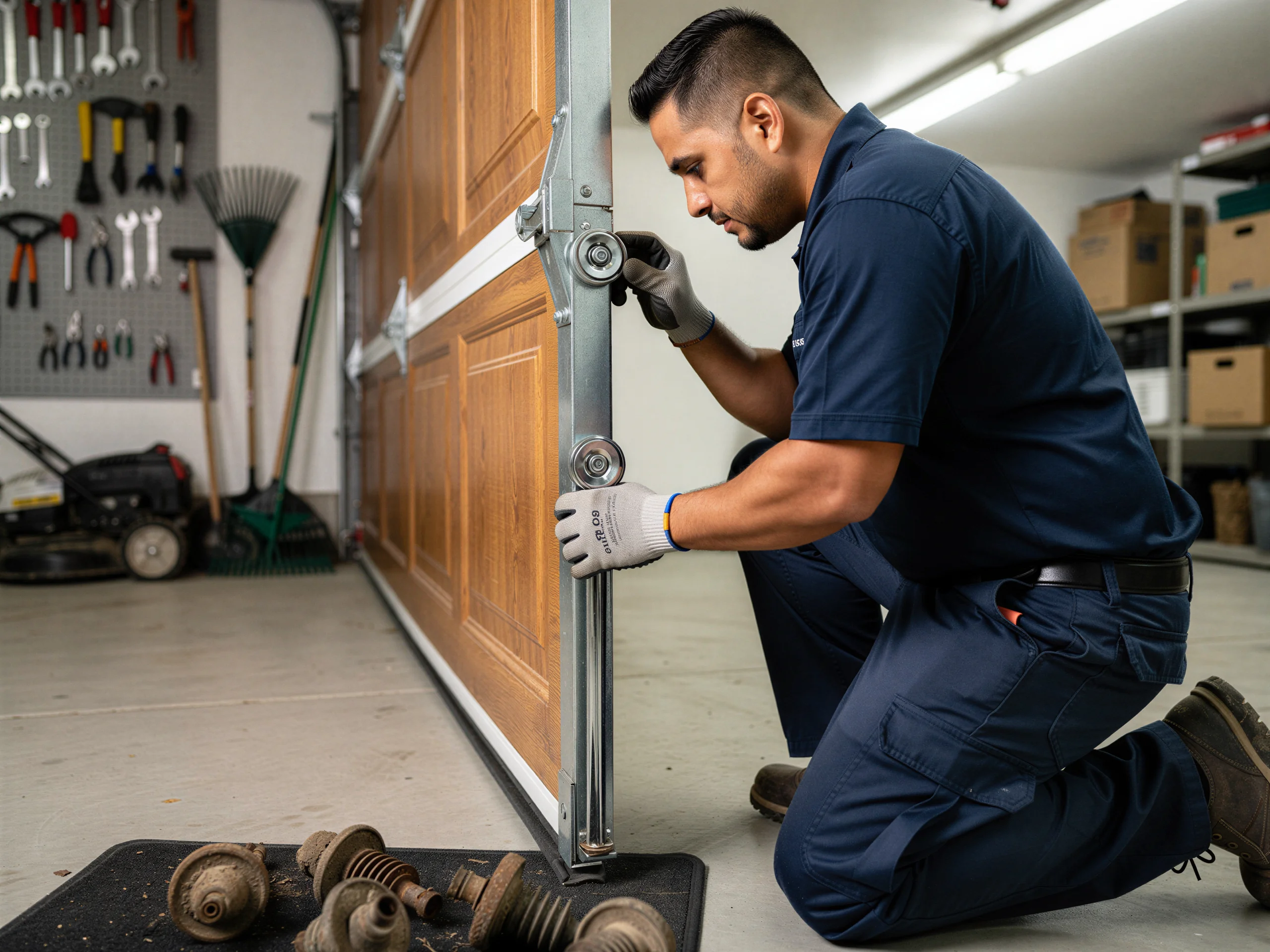 A technician in a blue uniform is working on a brown garage door.